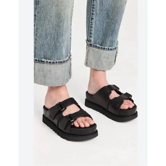 NEW UGG GOLDENSTAR HI SLIDE LEATHER BLACK PLATFORM SANDALS Sz 8 - Picture 1 of 10